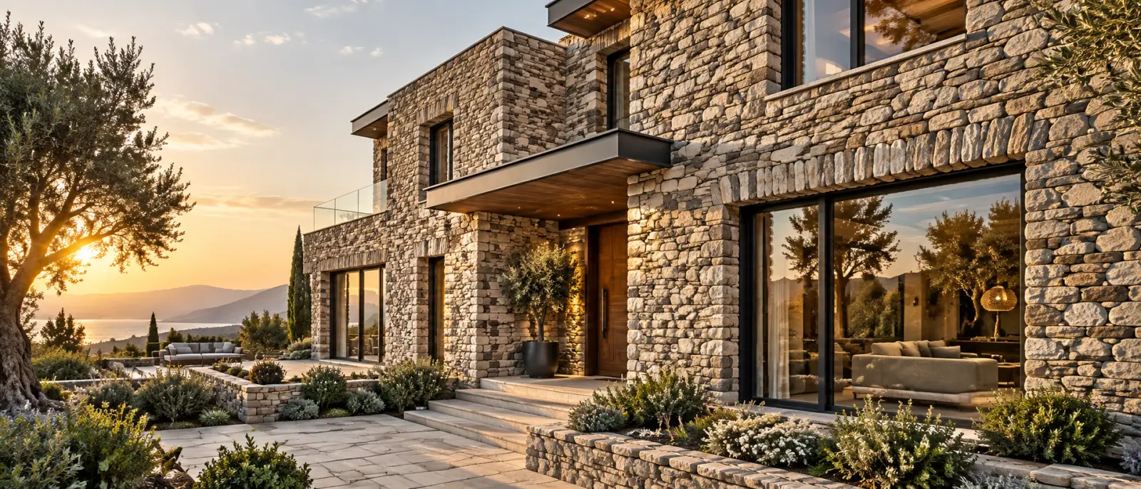 Doğal kültür taşı ile kaplanmış modern villa dış cephesi