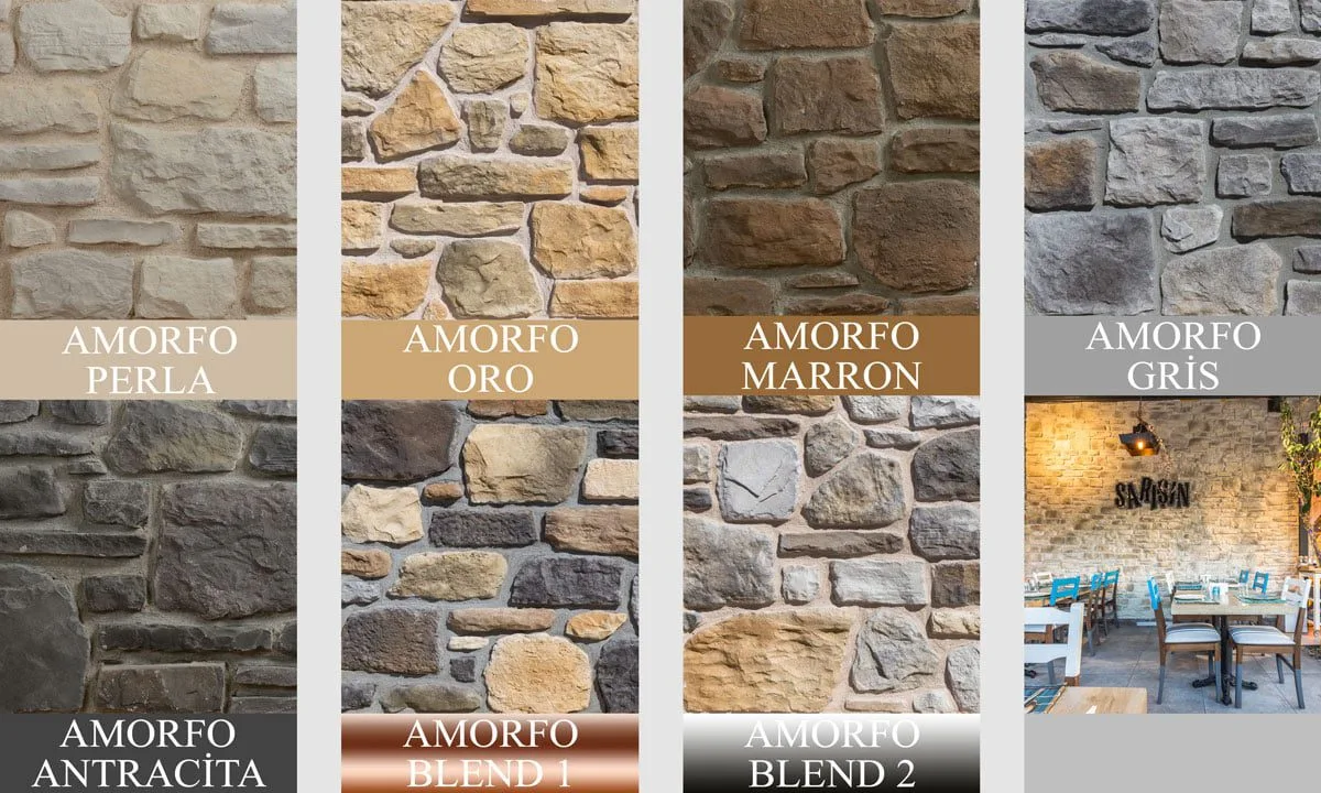 Amorfo kültür taşı renk ve doku seçenekleri — Antracita, Blend 1, Blend 2, Gris, Marron, Oro, Perla