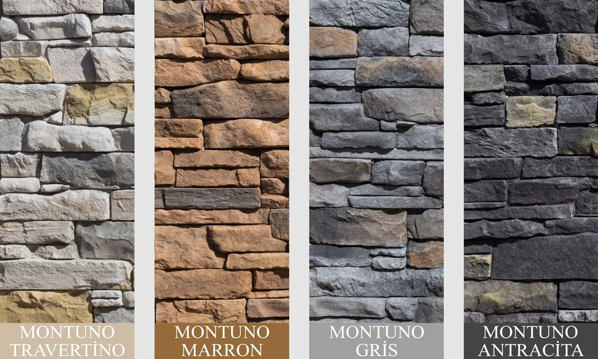 Montuno kültür taşı renk ve doku seçenekleri — Antracita, Desert, Granade, Gris, Marron, Travertino