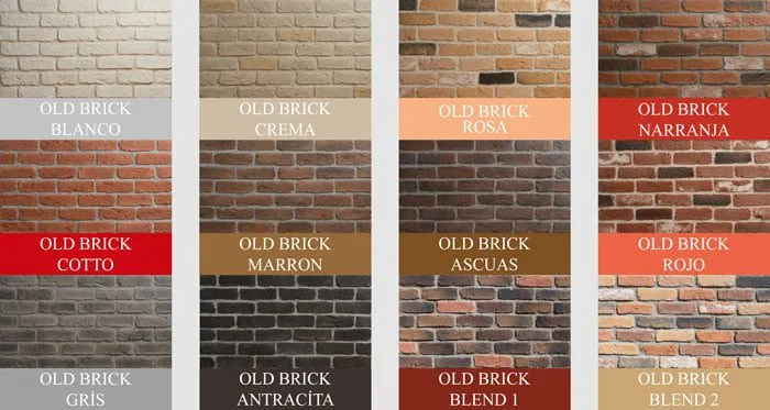 Old Brick kültür tuğlası renk ve doku seçenekleri — Antracita, Ascuas, Blanco, Blend 1, Blend 2, Cotto, Crema, Gris, Marron, Narranja, Rojo, Rosa