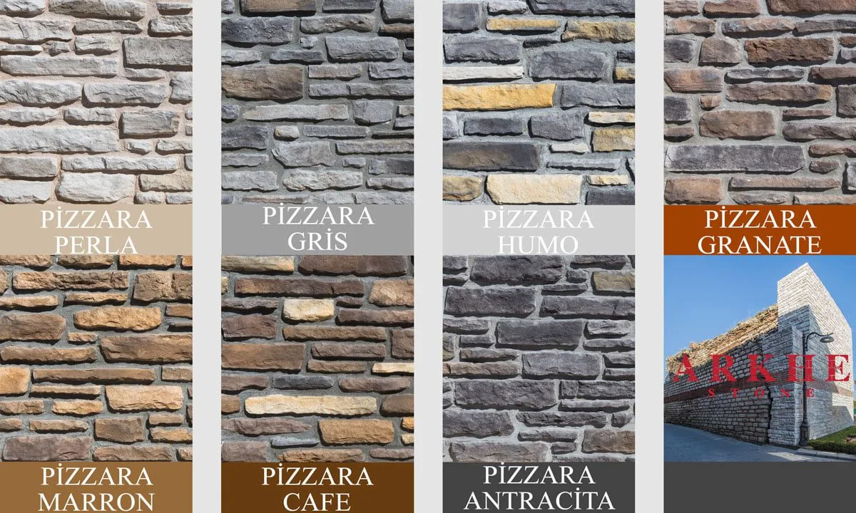 Pizzara kültür taşı renk ve doku seçenekleri — Antracita, Cafe, Granade, Gris, Humo, Marron, Perla