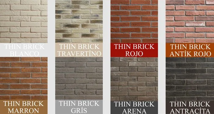Thin Brick kültür tuğlası renk ve doku seçenekleri — Antik Rojo, Antracita, Arena, Blanco, Gris, Marron, Rojo, Travertino