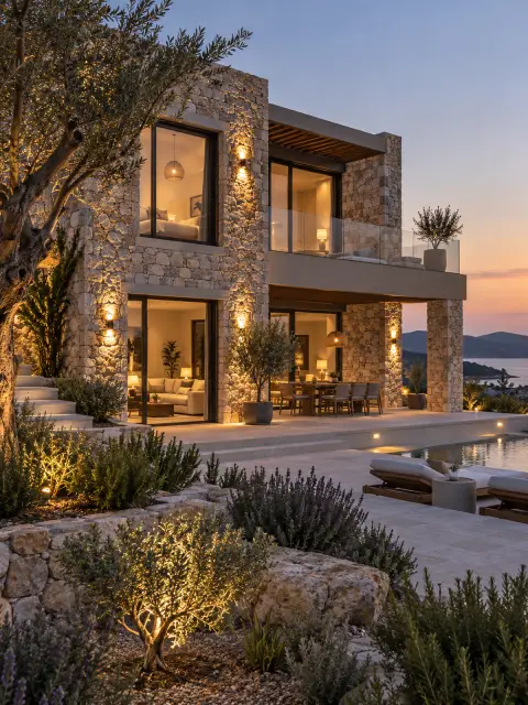 Taş kaplı villa cephesi